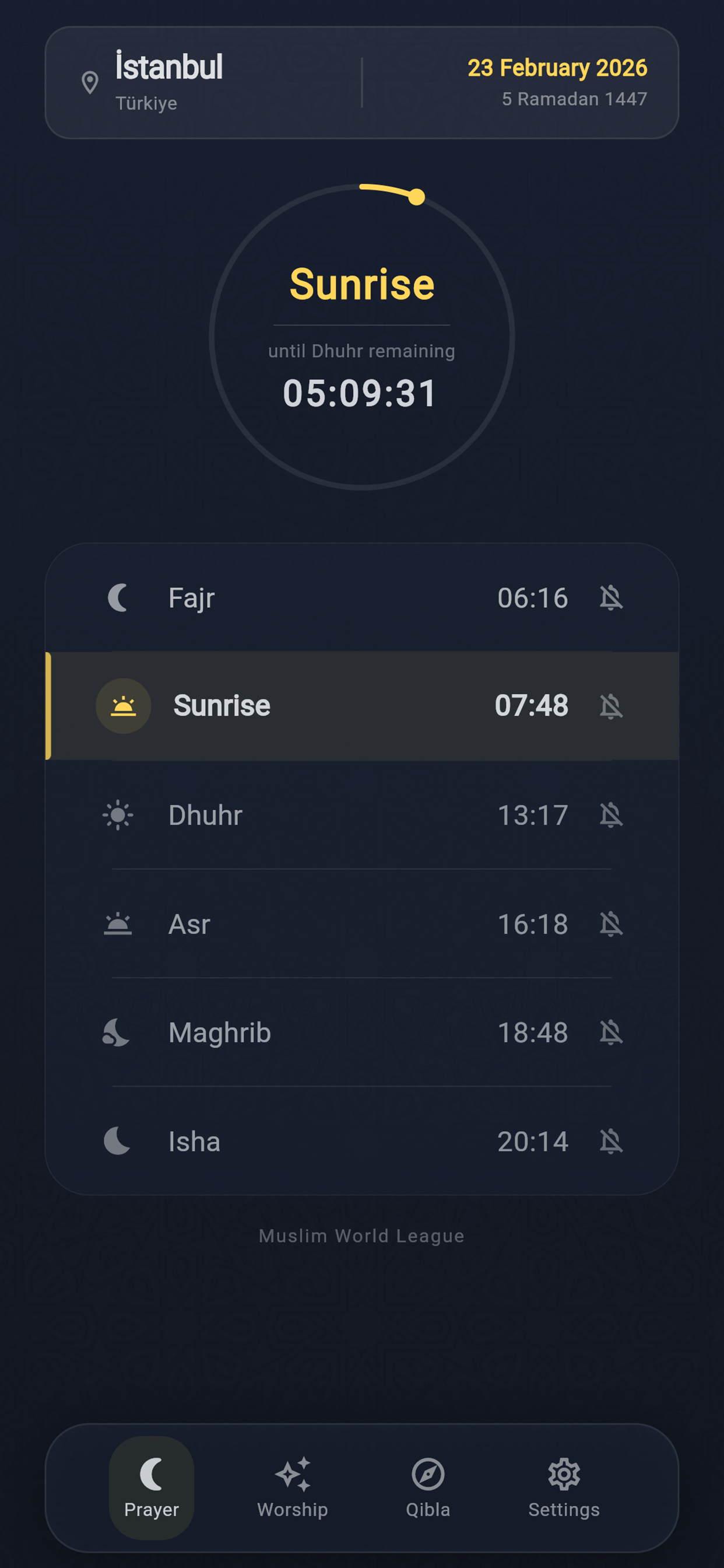 Prayer times dark mode